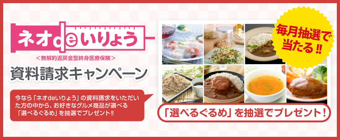 「ネオdeいりょう」資料請求キャンペーン。今なら「ネオdeいりょう」の資料請求をいただくと、毎月抽選でお好きなグルメ商品が選べる「選べるぐるめ」をプレゼント‼