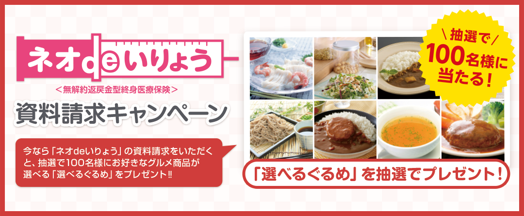 「ネオdeいりょう」資料請求キャンペーン。今なら「ネオdeいりょう」の資料請求をいただくと、抽選で100名様にお好きなグルメ商品が選べる「選べるぐるめ」プレゼント‼